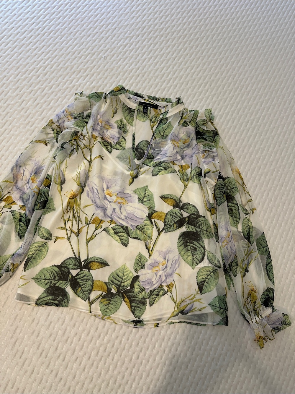 White House Black Market Floral Sheer Blouse in White and Green
